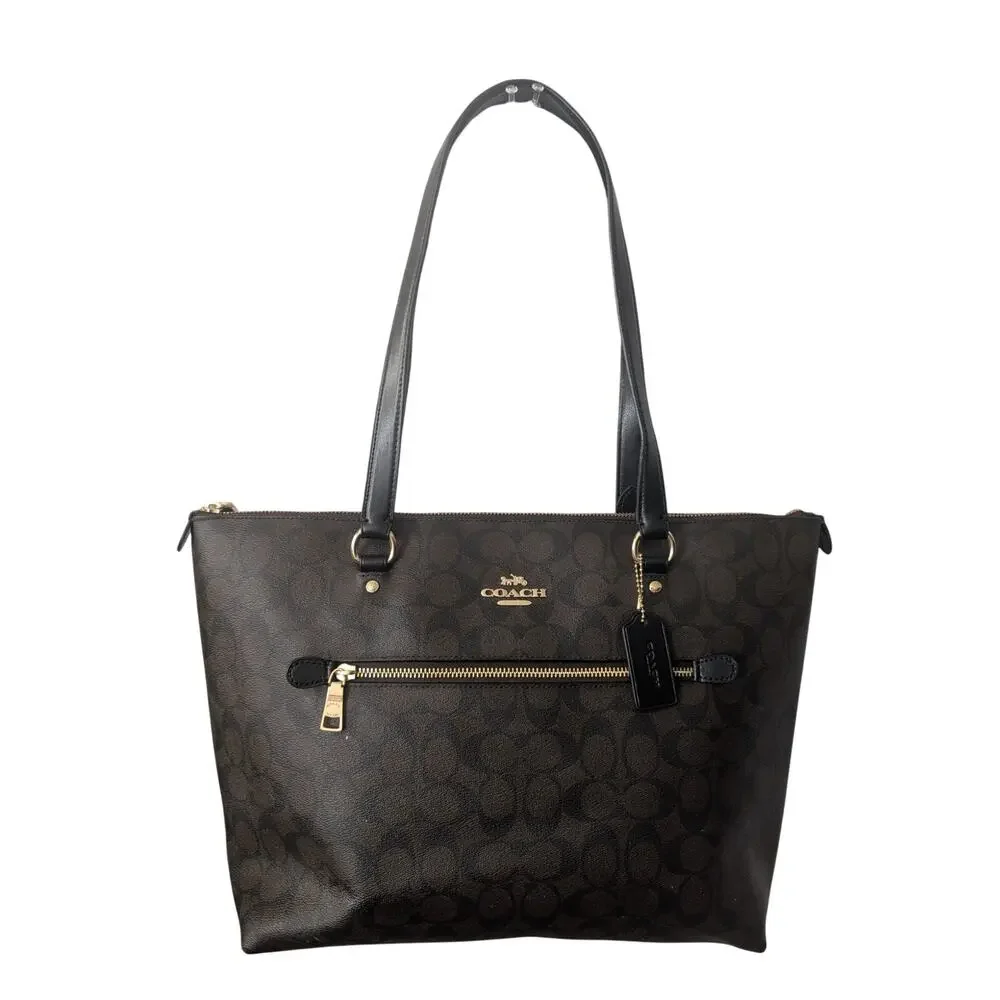 Coach Brown Signature Canvas Tote with Black Handles and Gold Hardware